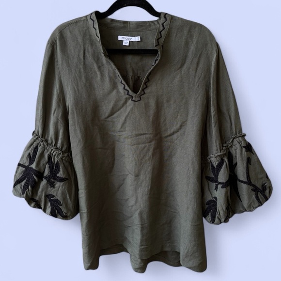 Chico’s size 2  Linen Blouse Boho puffy sleeves L 12 Women’s beaded Green boho - Picture 2 of 11